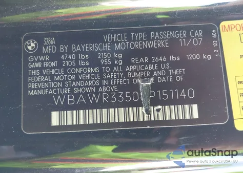 2008 BMW 328I из США, поврежденный, VIN WBAWR33508P151140